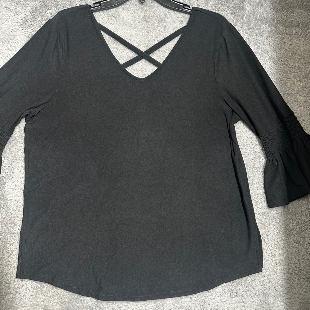 Harlow & Rose‎ Blouse Womens Large Black V-Neck Crisscross Smocked Bell Sleeve